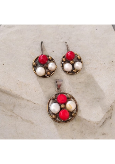 Mercan Ve İncili Gümüş Set Bronz