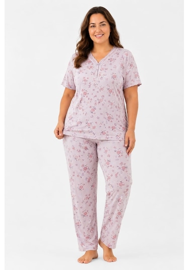 Pemilo Kadın 7930 Büyük Beden Kısa Kol Bambu Pijama Takımı Lila