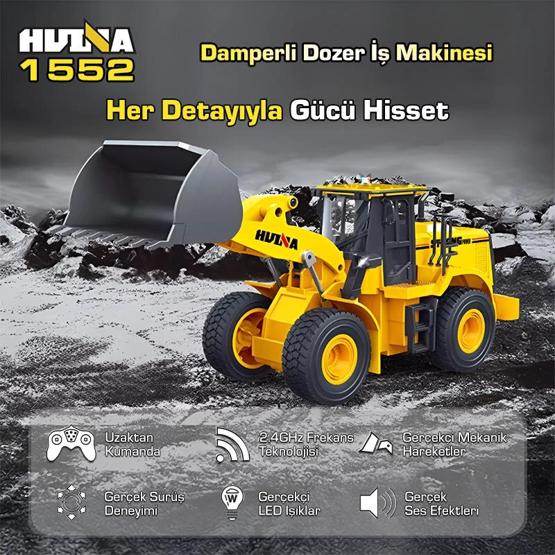 Huına 1552 1/16 11ch Rc Wheel Loader Damper Dozer Kamyon İş Makinesi Kazıcı Uzaktan Kumandalı Rc Model Metal Kepçeli -2.4g Gerçekçi Similasyon Ses Ve Işık Sistemi