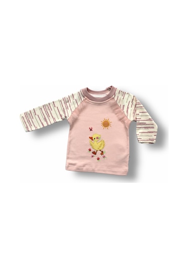 0-3 3-6 6-9 Ay Süslü Ördek Nakışlı Uzun Kollu Sweatli 2li Kız Bebek Takımı Pembe