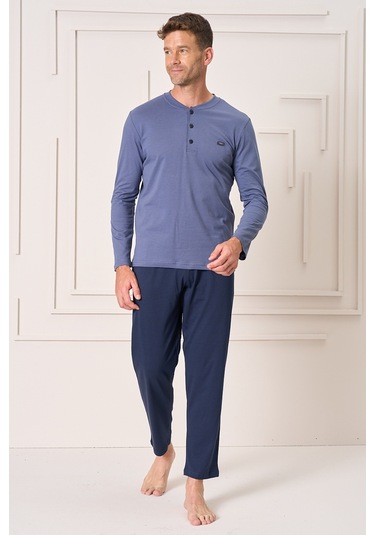 Erkek Pamuk Uzun Kol Pijama Takımı 4103 İndigo İndigo