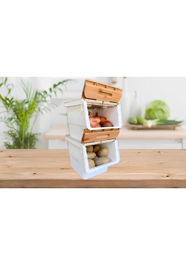 Motek Patetes Soğan Sepeti Oyuncak Kutusu Tekerlekli Organızer Çok Amaçlı Kutu 2x12lt-bambu+krem