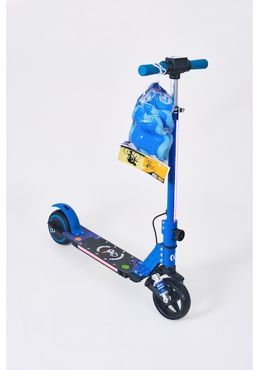 Elektrikli Çocuk Scooter 130w 3 Kademe Hız Ayarlanabilir Gidon Uzun Menzil Koruma Seti Hediye Mavi