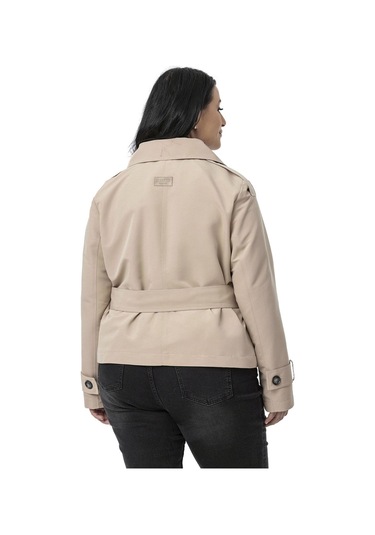 Büyük Beden Mono Yaka Kemerli Astarlı Kısa Bej Rengi Trençkot Bej