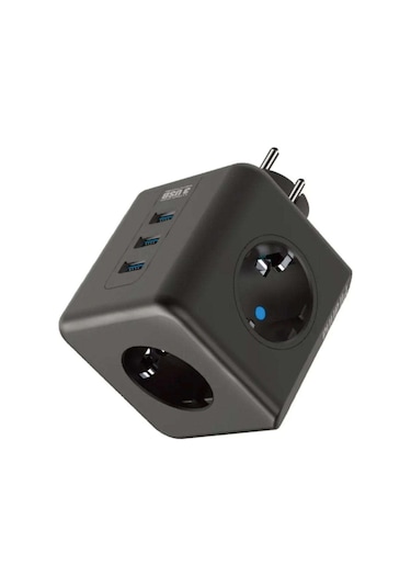Termal Akım Korumalı Priz Çoklayıcı - 3 Usb - 3 Priz Girişli Küp