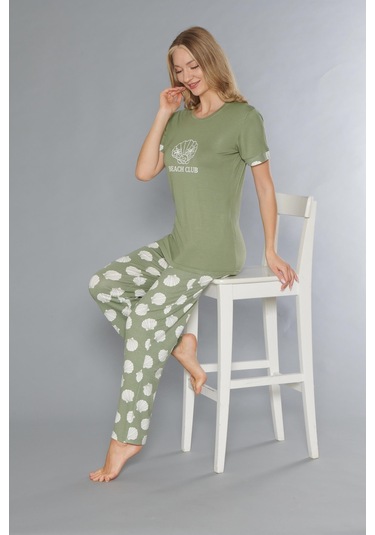 Flz Kısa Kol Yazlık Viskon Pijama Takımı Beach Club Flz 88-110 YESIL
