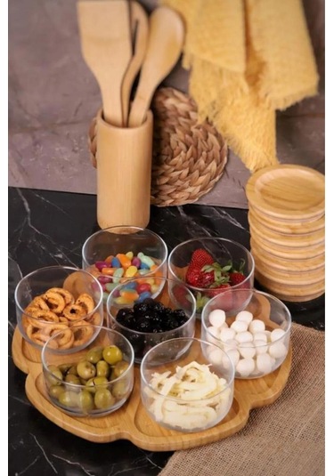 Duo - 7'li Dönen Tepsili Bambu Silikonlu Kapaklı Hava Aldırmaz Cam Kahvaltılık 300 Ml Kahverengi