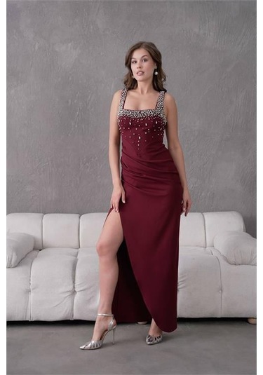Dipmoda Kadın Taş Detaylı Askılı Uzun Abiye Elbise Dpnbs9367 Bordo