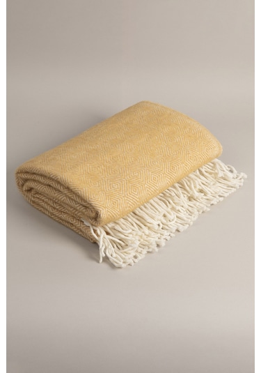 Suez Hardal Beyaz Renkli Yün Çift Kişilik Battaniyesi 91252 180x2 Hardal