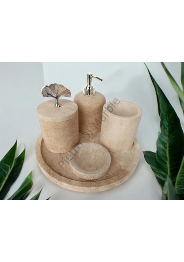 Sarı Traverten Klasik Model 5 Parça Gümüş Renk Japon Gülü Aksesuarlı Banyo Seti Sarı Traverten