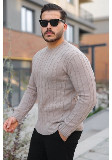 Erkek Örgü Desen Bisiklet Yaka Kazak Gri