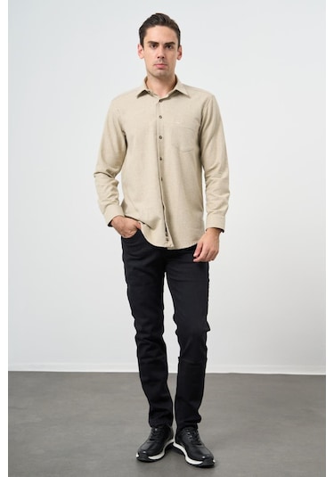 Açık Bej Uzun Kol Düz Gabardin Sert Yaka Cepli Pamuklu Classic Comfort Fit Gömlek 1004245168 Açık Bej