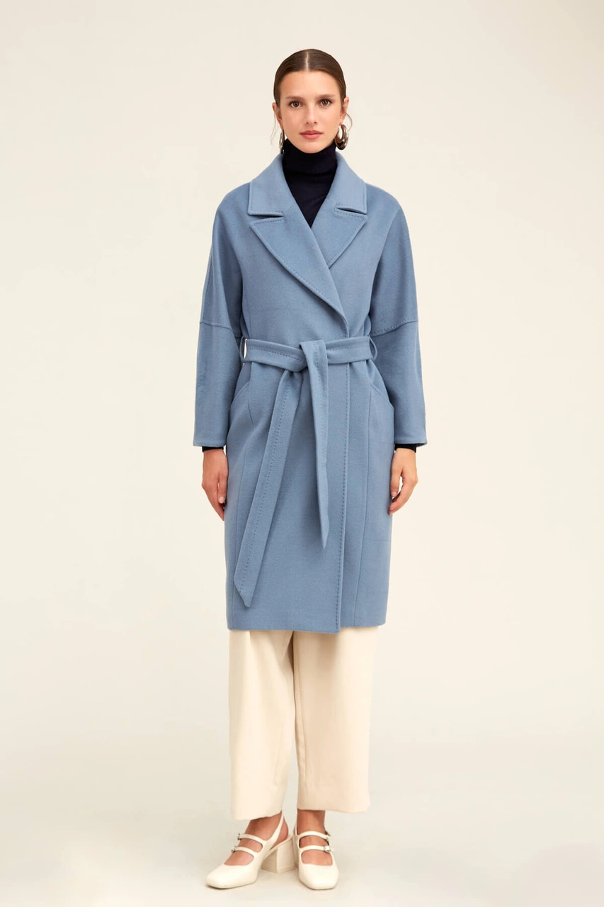 Saykı Woman Mavi Regular Fit Ceket Yaka Kaşe Yünlü Oversize Manto Mavi