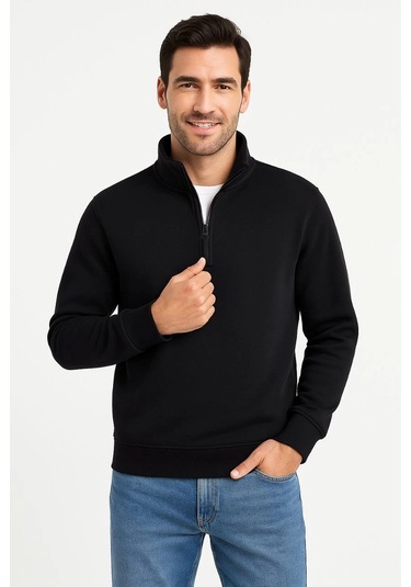 Erkek Dik Yaka Sweatshirt Dik Yaka Yarım Fermuarlı 3 İplik Şardonlu Pamuk Kumaş - Siyah Çok Renkli