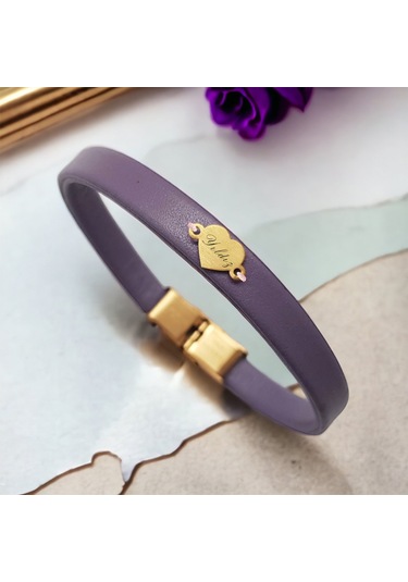 Archin Yıldız İsmine Özel Kalp Motifli 14 Ayar Altın Plakalı Doğal Mor Derili Hediye Bileklik-479isim Yıldız