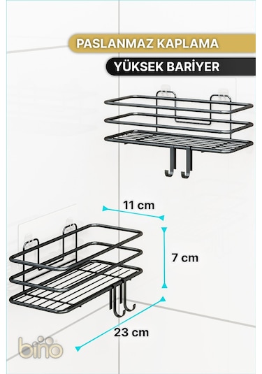 Bino 2li Set Banyo Düzenleyici Şampuanlık Mat Siyah Yapışkanlı 4 Askılı Duş Rafı Paslanmaz Organizer Siyah