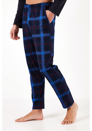 Buratti Ekoseli Cepli Beli Lastikli % 100 Pamuk Regular Fit Erkek Pijama Takımı 6572001 Lacivert-Saks