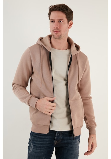 Buratti Regular Fit Kapüşonlu Fermuarlı Içi Tüylü Yumuşak Şardonlu Kışlık Erkek Sweat 5905340 Koyu Bej