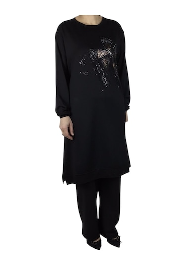 Kadın Önü Desenli Kristal İki İplik Büyük Beden Tunik Siyah
