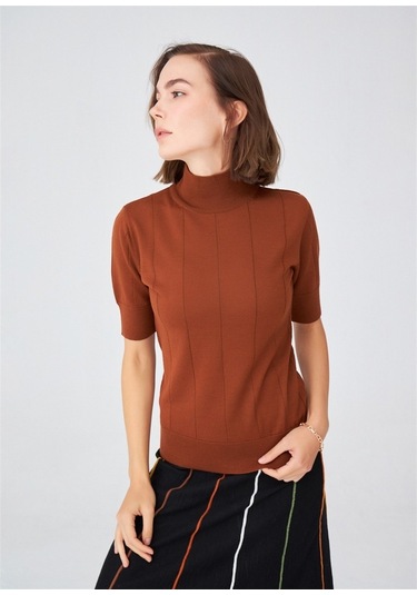 Peraluna Balıkçı Yaka Kısa Kollu Basic Kadın Triko Bluz Kahve-Kahve Kahverengi