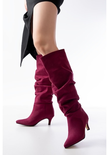 Sr-2001 Bordo Süet İnce Topuklu Günlük Bayan Çizme Diğer