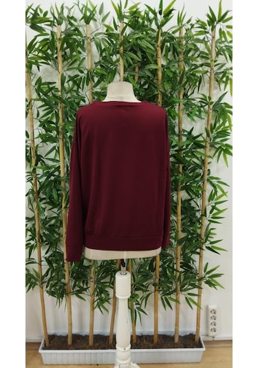 Kadın Uzun Kollu Bisiklet Yaka Desenli Viskon Iki Iplik Bluz Bordo