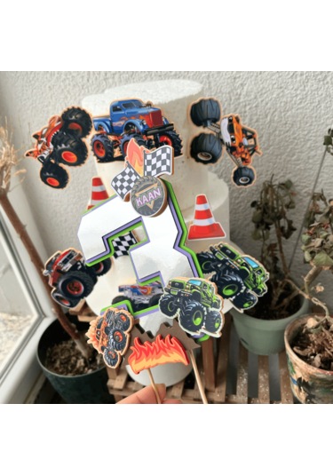 Canavar Kamyon Temalı Erkek Çocuk Doğum Günü İsme Özel 3d Pasta Süsü Seti Çocuk