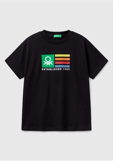 Erkek Çocuk Fıstık Yeşili Benetton Logo Baskılı T-shirt Siyah