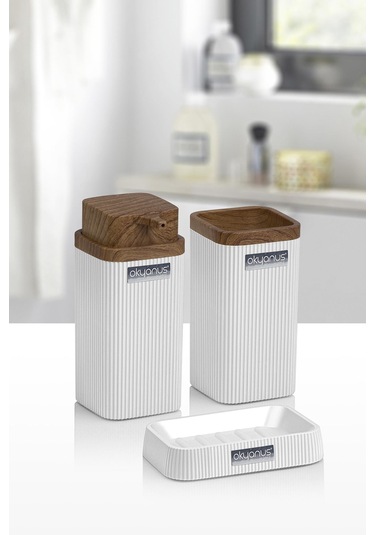 Okyanus Home Stella Beyaz Ahşap Desenli 3'lü Banyo Seti Beyaz