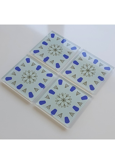 Decorita Cam Bardak Altlığı | Acem Kahveci - Mavi | 4'lü Takım Kırmızı