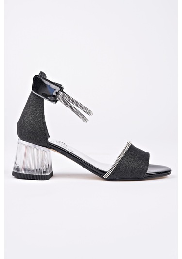 Muggo Noşa Bilekten Bağlamalı Simli Kız Çocuk Kısa Topuklu Ayakkabı Siyah