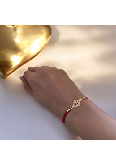 Archin Ö Harfine Özel Minik Kuş Motifli Kırmızı Örgülü 14 Ayar Altın Plakalı Hediye Bileklik-363harf Ö