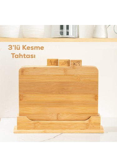 Porsima 16668 Piero Bambu 3'lü Standlı Kesme Tahtası Kesim Panosu
