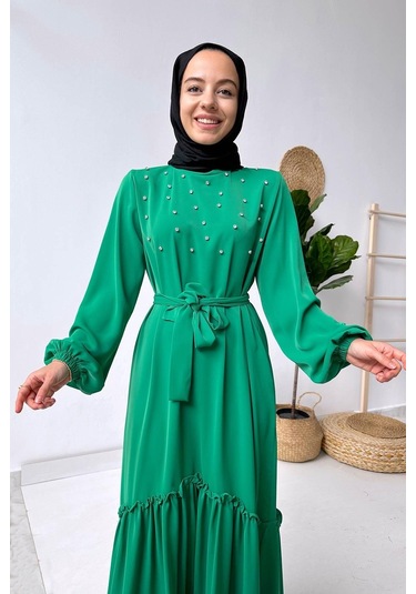 Bright Taşlı Elbise - Yeşil
