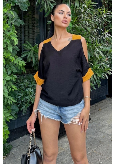 Kadın Siyah Omuz Dekolteli Kısa Kol, Salaş Keten Bluz Siyah