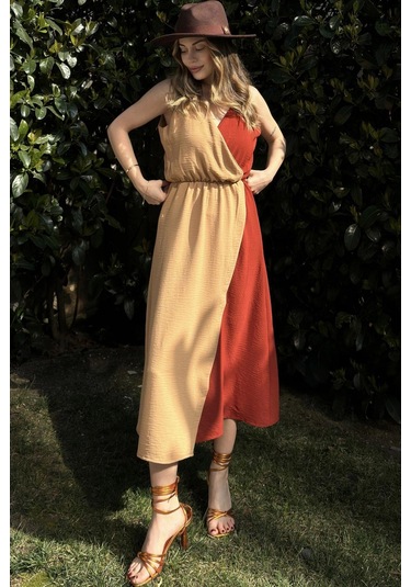 Kadın Kiremit & Bej Color Block Kruvaze, Hasır Askı Detaylı, Yırtmaçlı, Uzun Airobin Elbise Kiremit