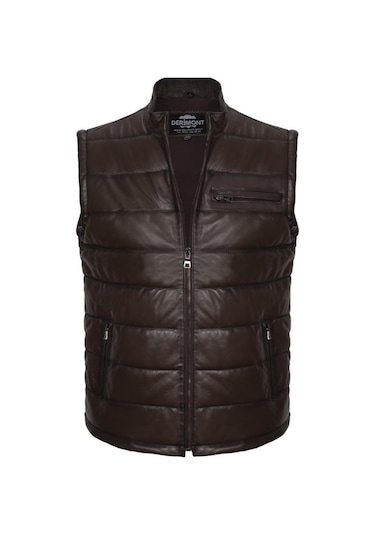 Hakiki Deri Şişme Fermuarlı Erkek Yelek Kahverengi Kahverengi