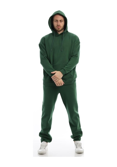 Erkek Kapüşonlu Kanguru Cepli Sweatshirt Koyu Yeşil