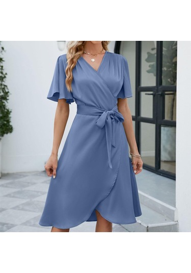 Hnxc Kadın Moda Yaz Bahar Düz Renk Baskı Kısa Kollu V Yaka Yüksek Bel Günlük Elbiseler Mavi Hnxc Kadın Moda Yaz Bahar Düz Renk Baskı Kısa Kollu V Yaka Yüksek Bel Günlük Elbiseler Mavi