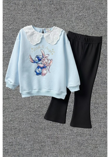 Yaka Detaylı Stitch Desenli Mavi Renk Kız Çocuk Takım Mavi