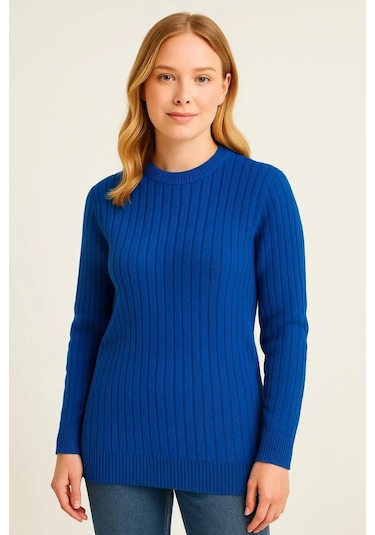 Kadın Bisiklet Yuvarlak Yaka Triko Kazak Pamuklu Kalın Fitilli Dokuma, Regular Fit Uzun Kollu Kışlık Saks Mavisi