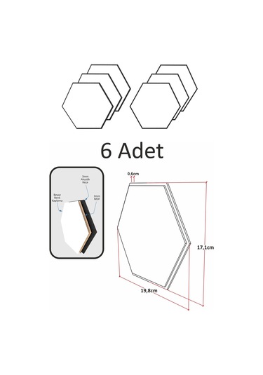Ahşap Altıgen Petek Duvar Paneli 6 Adet Beyaz Akustik 19,5x17cm