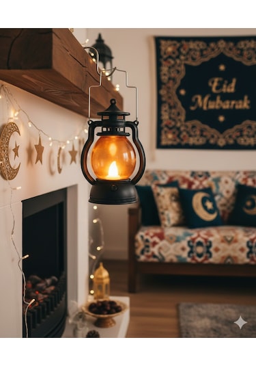 13 Cm Ledli Gaz Lambası Model Siyah Fener - Pil Dahil Dekoratif Fener Diğer
