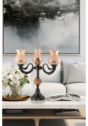 Üçlü Şamdan Masa Lambası Abajur Siyah Bal Rengi Camlı Siyah