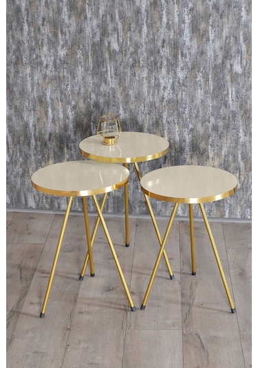 Zigon Sehpa 3'lü Altın Metal Ayak Krem Altın Çok Renkli