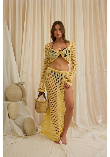 Mai Collection Rubina Sarı Triko Crop Etek Takım