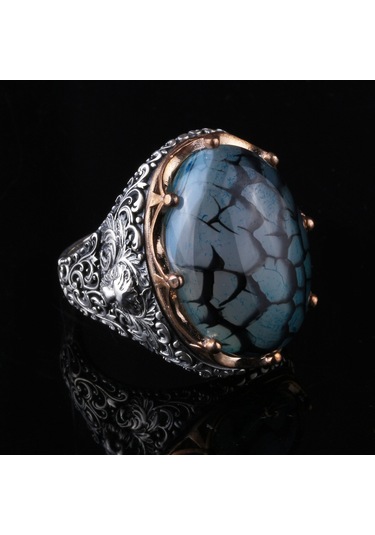 925 Ayar Gümüş Damarlı Yemen Akik Taşlı El İşçiliği Erkek Yüzük Silver