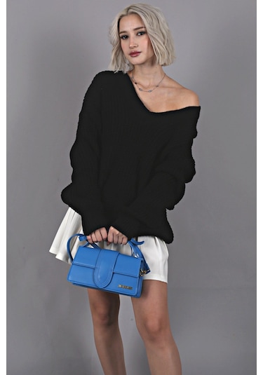Madmext Siyah Oversize V Yaka Triko Kazak Mg1440 Siyah