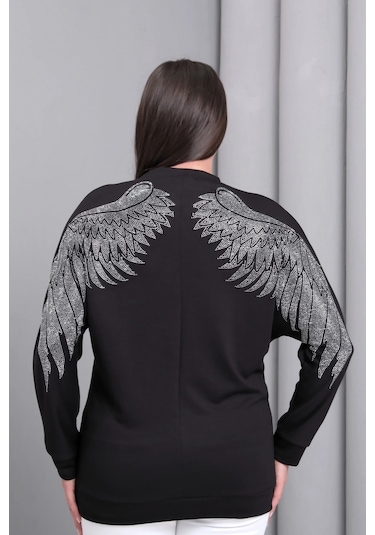 Sırtı Kanat Taş Baskılı Sweatshirt Siyah