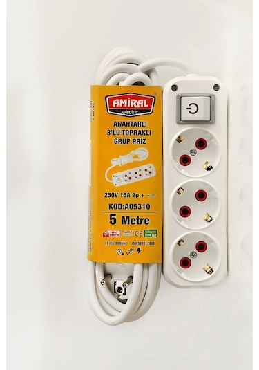 Amiral 3' Lü Topraklı Anahtarlı 5 Metre Kablolu Grup Priz 5 M